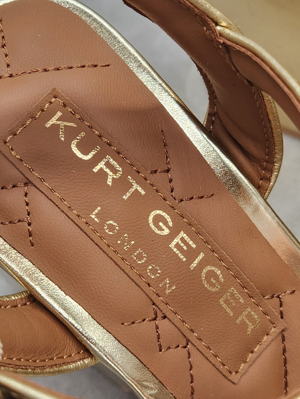 Kurt Geiger Wedge Sandals 7.5 Gold Leather Kensington Cross Chunky Dress New$245 - Picture 15 of 17